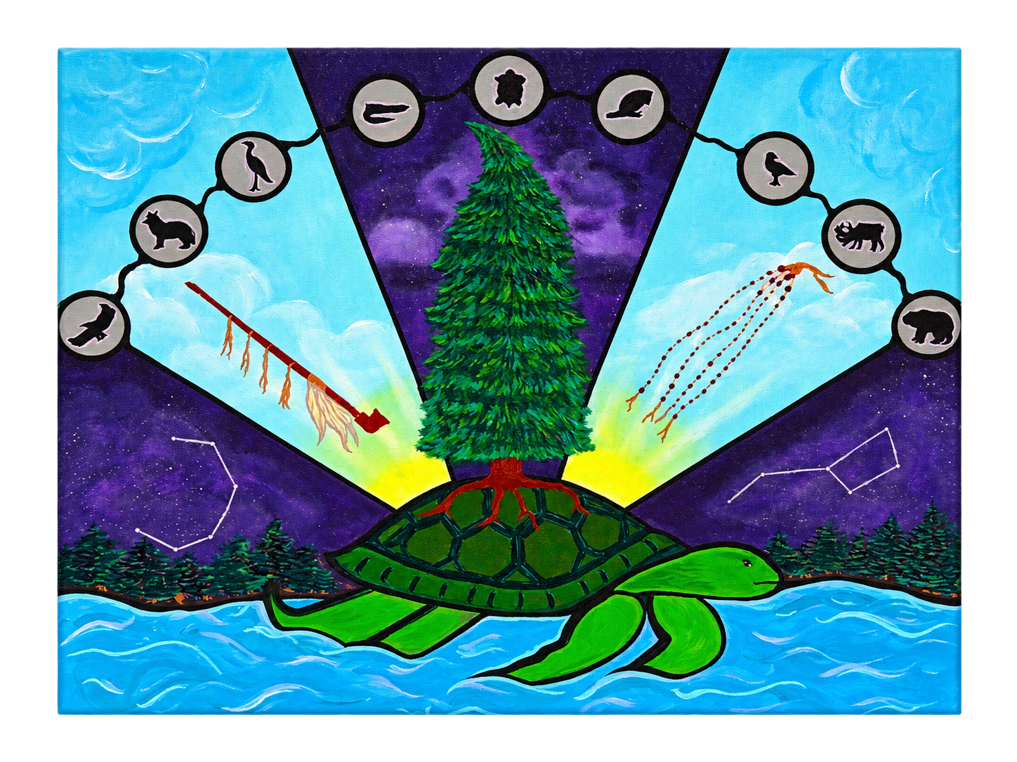 Painting with a turtle carrying a tree, animal emblems, a pipe, beadwork and constellations.